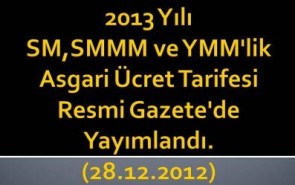 2013 Yılı SM, SMMM, YMM Asgari Ücret tarifesi